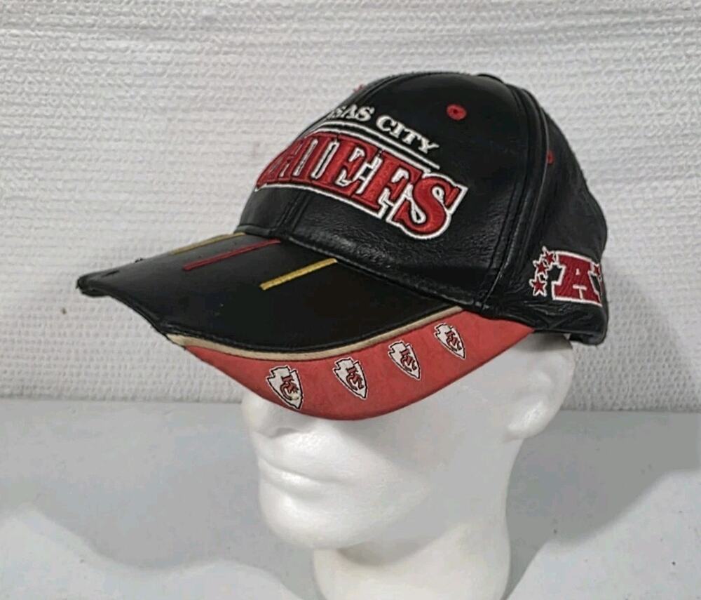 VTG Reebok Baseball Cap Black/Red Men Adjustable NFL Kansas City Chiefs Leather